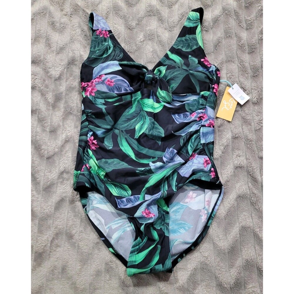 Kona Sol Womens Size 14 Black Tropical Flowers Leaves One Piece Swimsuit NWT